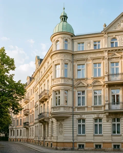 Architekturvisualisierung eines sonnigen Gründerzeithauses im Leipziger Stil